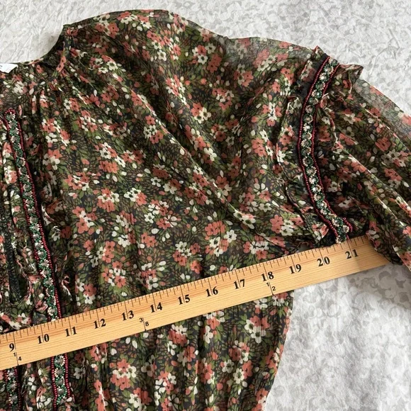 Zara Floral Beaded Mini Dress Small Peasant BOHO Festive Ruffle Smocked - Picture 7 of 15